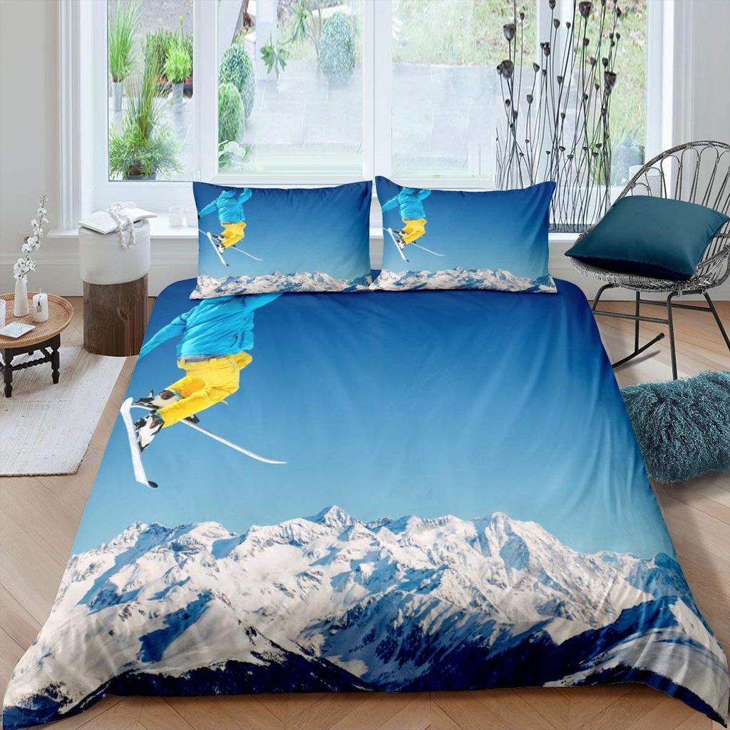 Skiing Sports Duvet Cover Queen Size For Kid Teen Winter Sport Ski Theme Comforter Cover Set Microfiber Snow Mountain Landscape