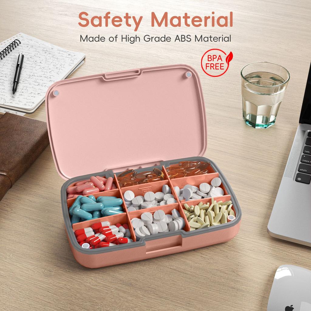 Magnetic Pill Organizer with 9 compartments - Adjustable and Waterproof Daily Suitcase for Travel Home and Office