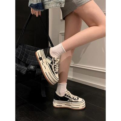 California College Casual Style Rough Edge Beggar Shoes Women's 2025 New Thick-soled Heightened Round Head Lace-up Canvas Shoes