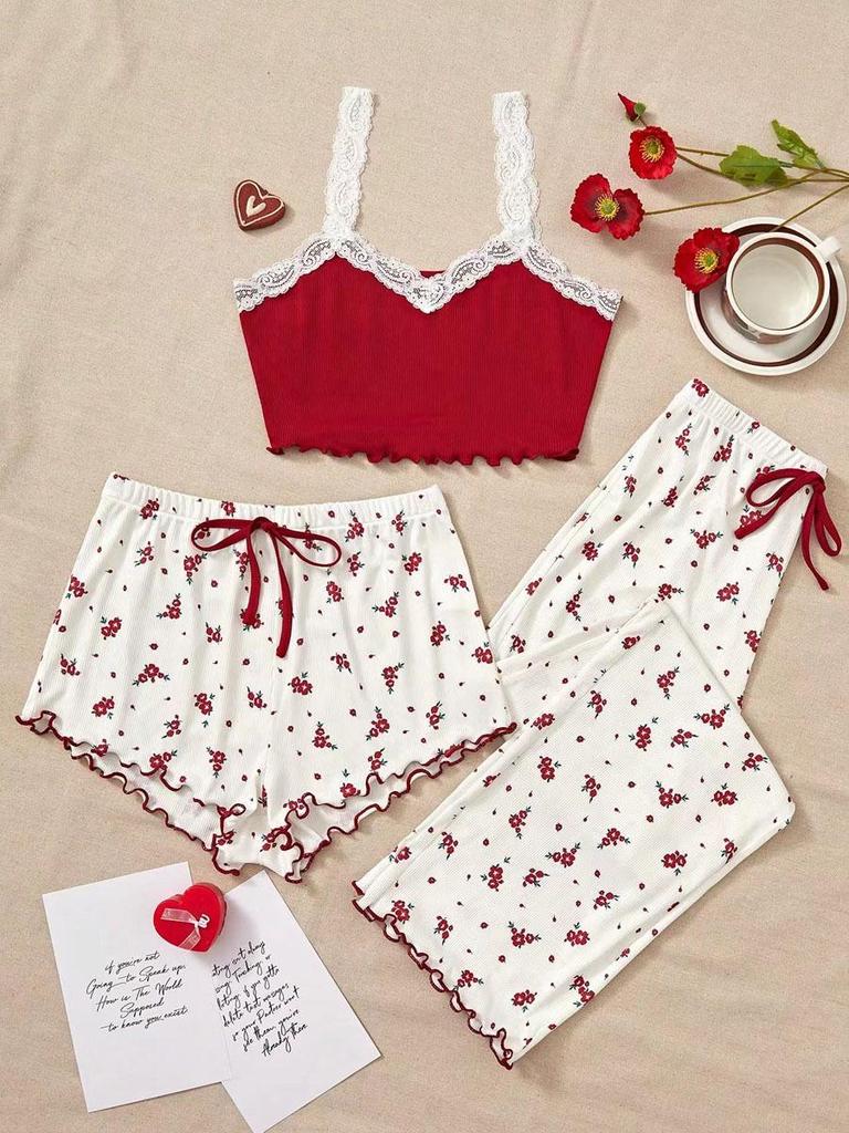European & American Ribbed Lace Camisole Pajama Set - Includes Top, Shorts, and Pants