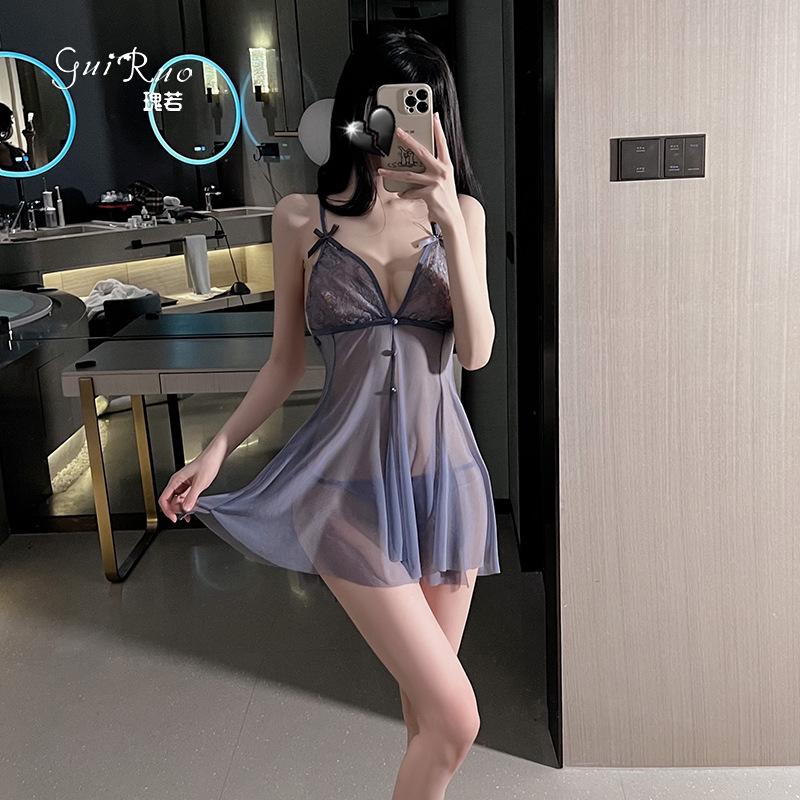Women's Lace Sheer Bow Comfy Backless Cami Dress Lingerie Set
