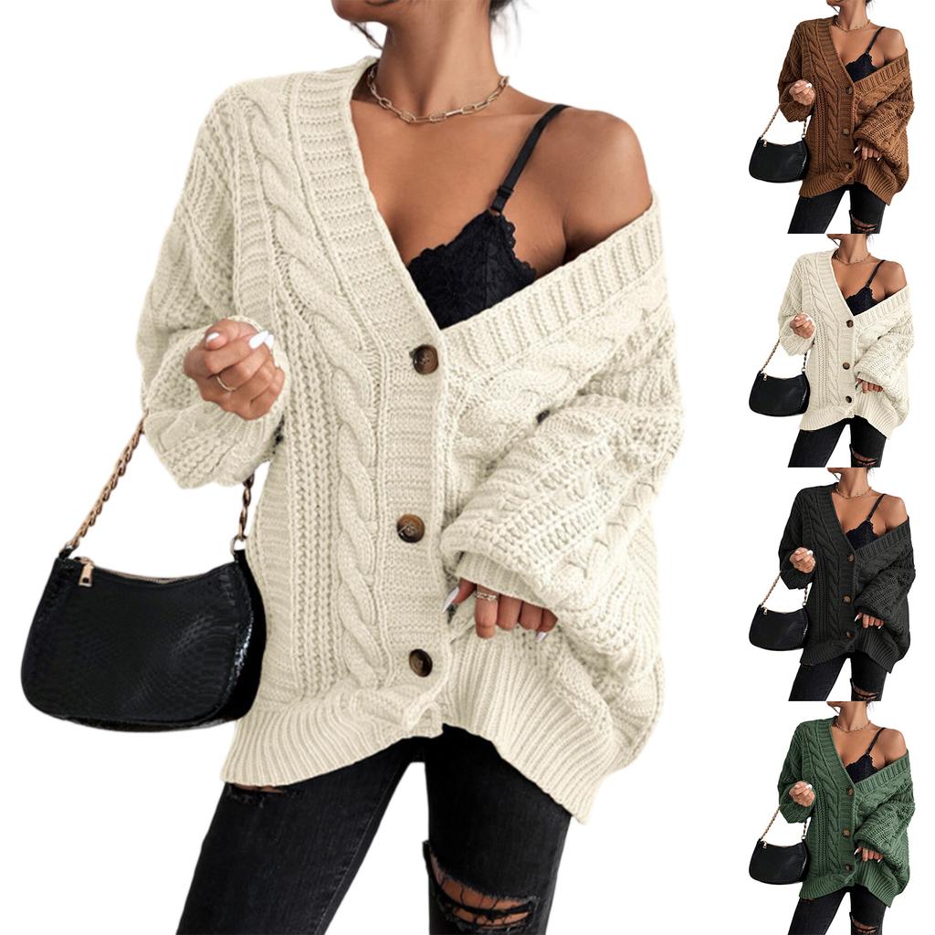 Women's Fashion Loose Cable-knitted Long Sleeve Cardigan Jacket