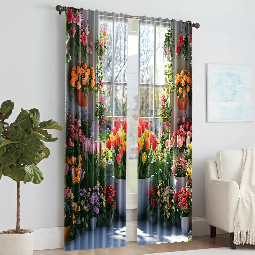 2 Pcs, Versatile Polyester Transparent Curtains For Home Decoration Garden View Floral Arch For Use In Bedrooms And Living Rooms