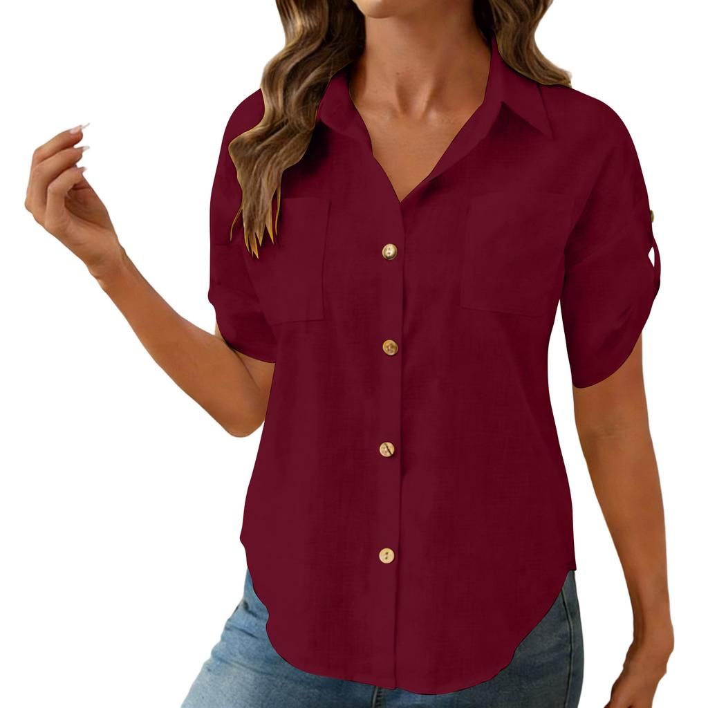 Women's Fashion Casual -Colour Short-Sleeved Buttoned Pocket Cardigan T-Shirt Top