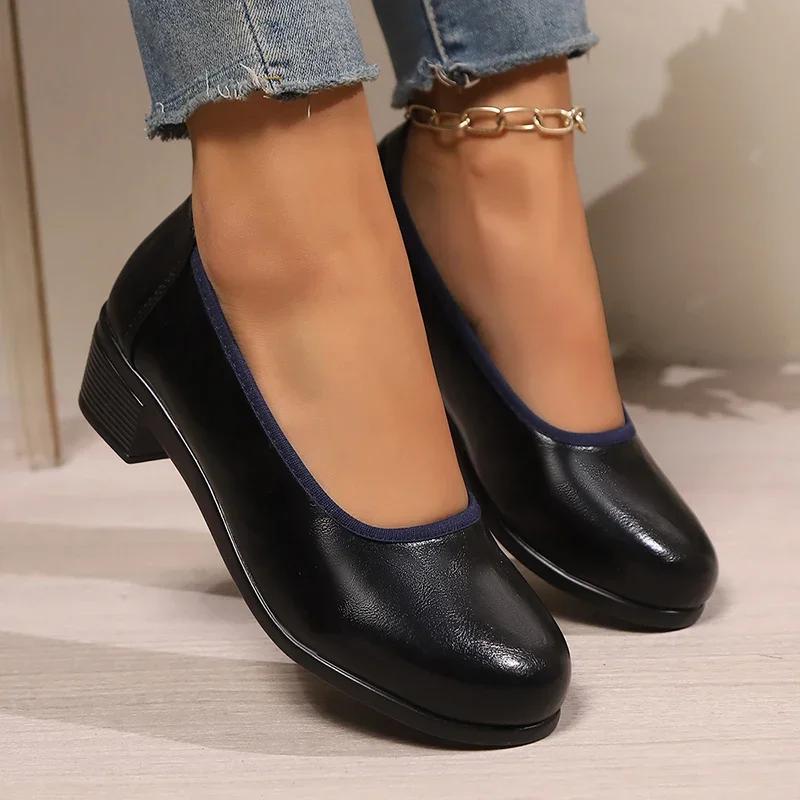 Fashion Rimocy Med Heels Work Pu Leather Shoes Women Spring New Plus Size Thick Heeled Pumps Woman Comfort Shallow Office Shoes Size