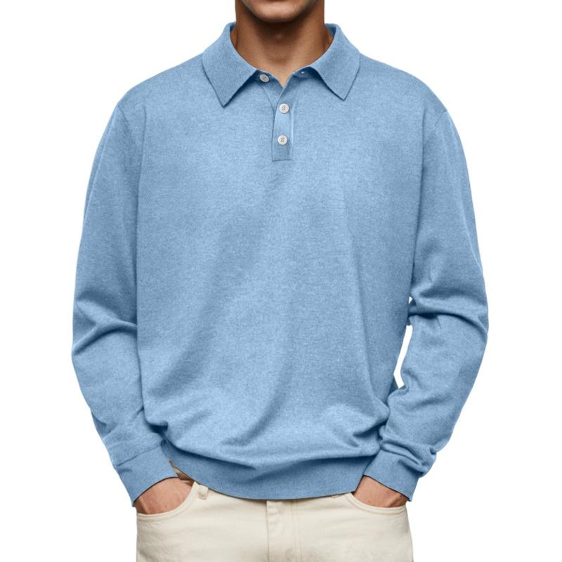 

Spring Autumn Polo-neck Vintage Casual Fashion T-shirt Male Long Sleeve Solid Color Top Pullover Tee Men S світло-синій колір