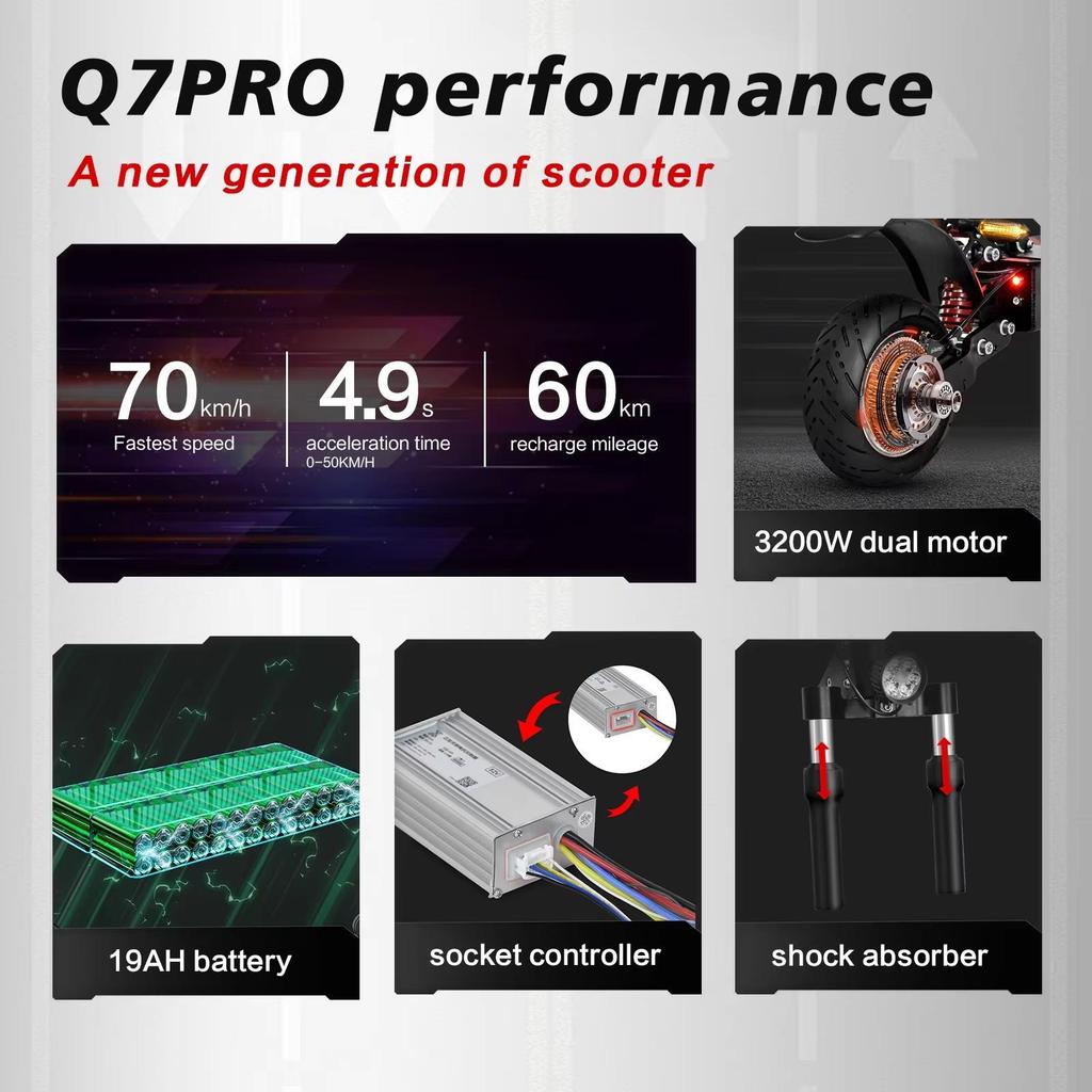 New E-scooter Q7Pro Escooter 3200W Dual Motor 52V19AH Battery Dual Drive 10 Inch Adult E-Scooter Silent Tire Foldable Electric Scooter