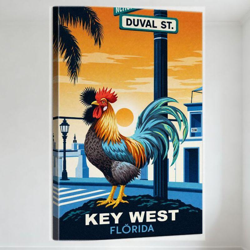 Key West Florida Retro Travel Metal Tin Sign, Colorful Rooster Sunset Palm Tree Vintage Plaque for Home Bar Café Wall Decor 20x30cm（7.8x11.8inch）