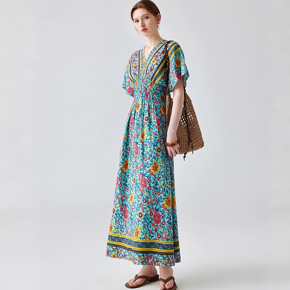 Bohemian-Style Cotton-Silk V-Neck Batwing Print Dress Summer Casual Vacation Beach Dress