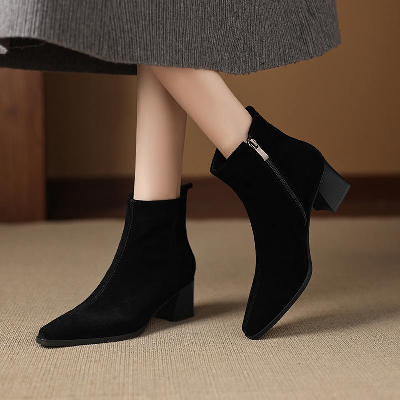 Krazing Pot Cow Suede Nubuck Winter Round Toe Chunky Heels Fashion Boots Women Zipper Retro Elegant Women Ankle Boots
