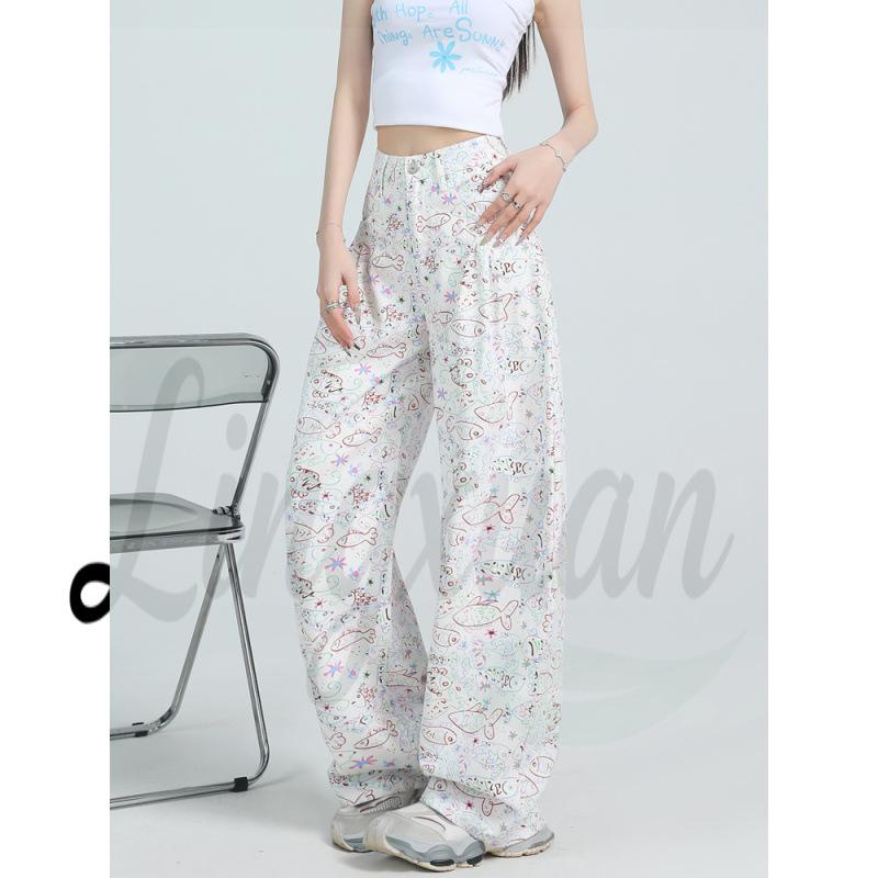 Women s White Graffiti Print High Waist Wide Leg Jeans - Spring/Summer 2026 Collection XS