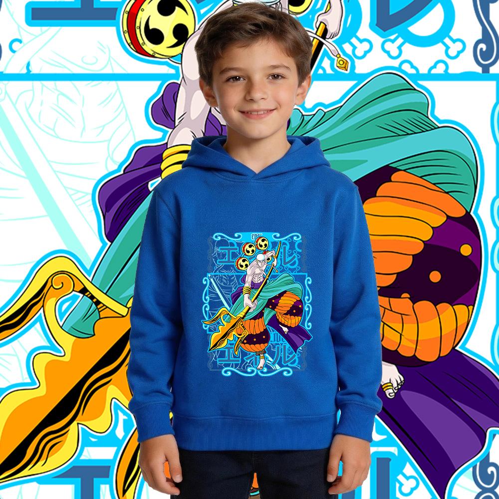 One Piece Enel Anime Print Hoodie Boys Girls Fall Winter Warm Fleece Hooded Sweatshirt Children Casual Pullover Top