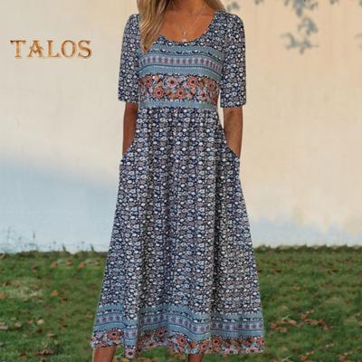 Vestido de verão feminino plissado estilo étnico estampado linha A bainha solta bolsos laterais gola redonda macio boêmio mangas curtas comprimento médio da panturrilha feminino midi diário
