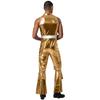 Mens 70s Jumpsuit Shiny Metallic Lapel Collar Sleeveless High Waist Flared Pants Disco Dance Singer Outfit