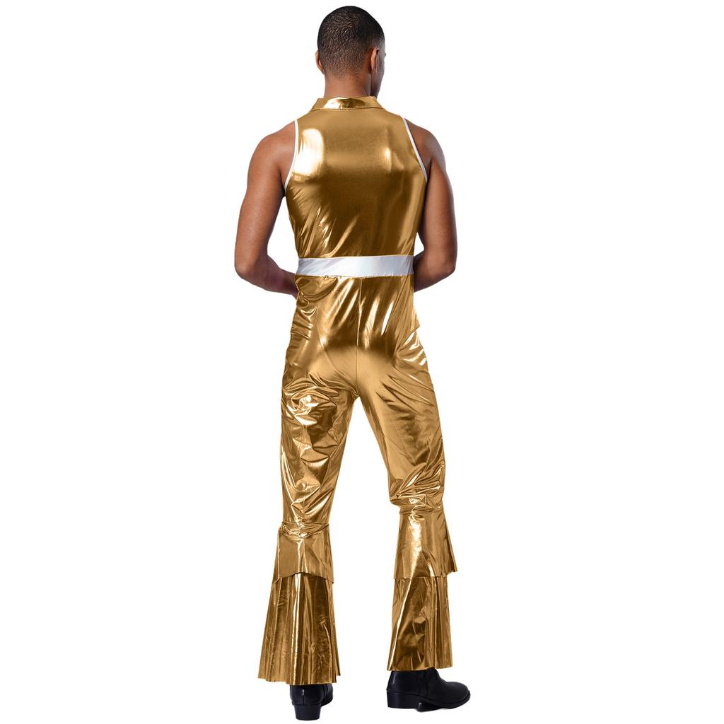 Mens 70s Jumpsuit Shiny Metallic Lapel Collar Sleeveless High Waist Flared Pants Disco Dance Singer Outfit