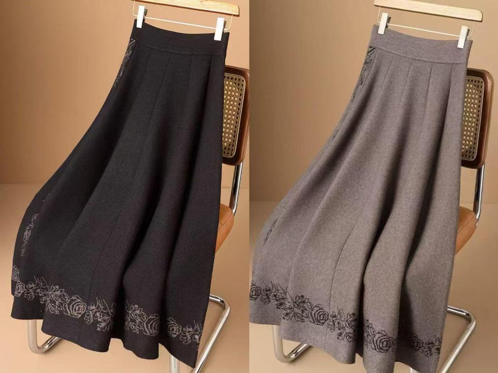 Women's High Waist A-line Knit Wool Midi Skirt