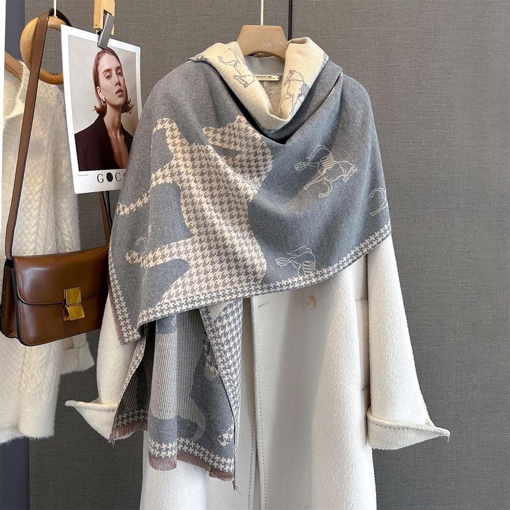 Women's High-End Imitation Cashmere Galloping Horse Scarf – Warm, Thick, Long Shawl with Tassels for Autumn & Winter