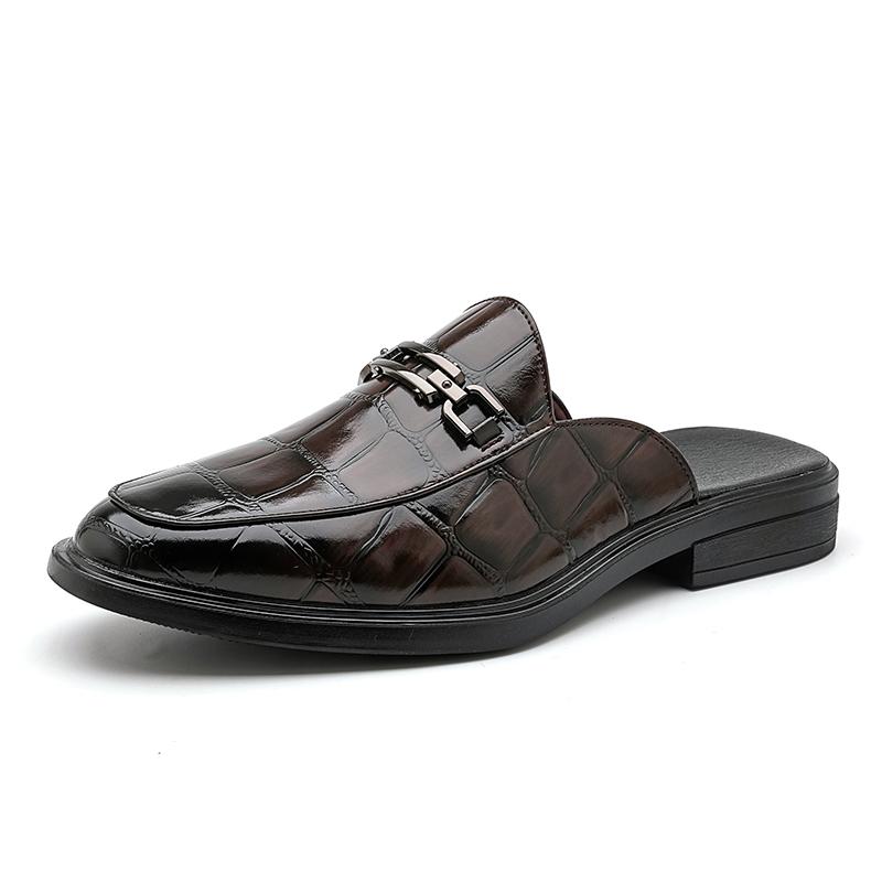 Fashion Fashion New Men's Black Grey Brown Crocodile Pattern Leather Half Slippers Shoes Male Casual Mules Moccasins Breathable Loafers