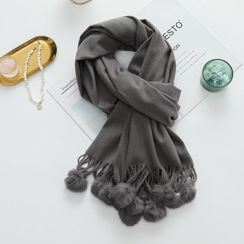 Girls Cute Imitation Cashmere Scarf Women's Winter Warm Solid Color Big Rabbit Fur Ball New Scarf Shawl