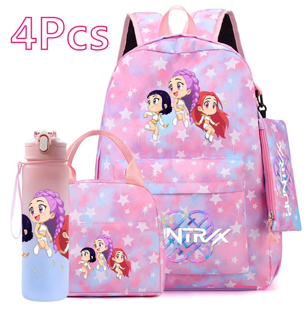 4-teiliges/Set K-POP Bedruckter Rucksack Große Kapazität Schultasche Handtasche Etui Tasche mit 750 ml Wasserflasche Junge Mädchen Schultasche wasserdicht Reisetasche Mochila