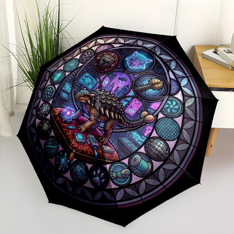 Cyber Dinosaur Glass pattern umbrella, portable and foldable design, 8 ribs, a casual accessory for Halloween, Christmas, and birthday gifts.