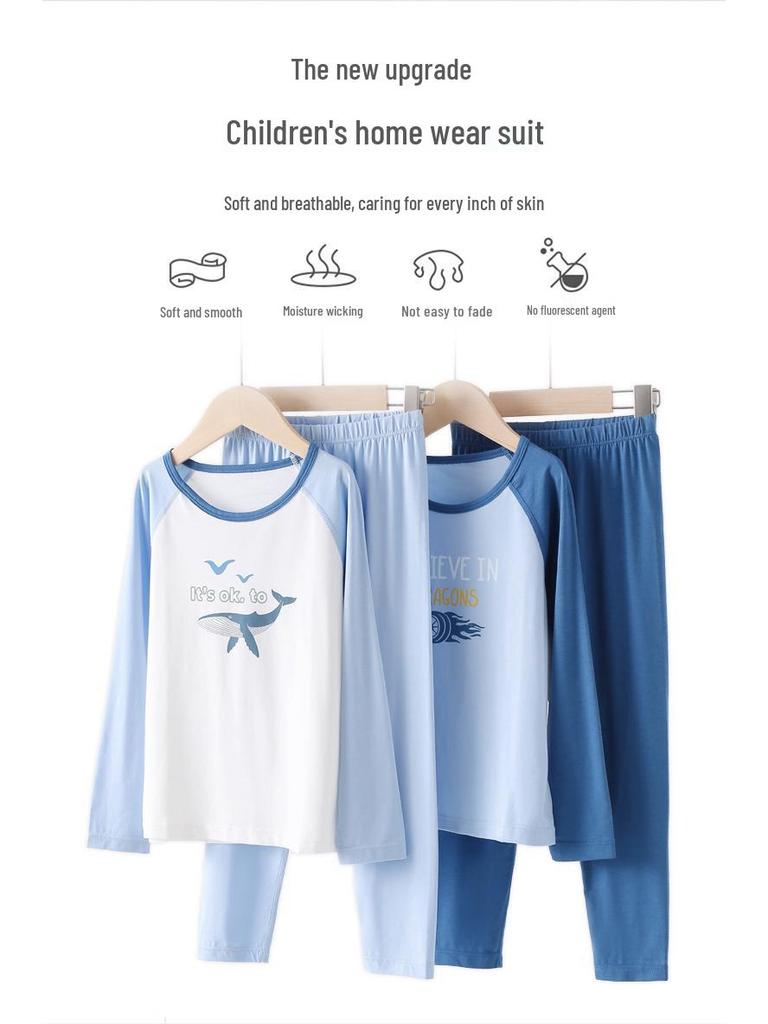 Wiosenno-letni bawełniany zestaw piżamy dla dziewczynek klasy A: Uroczy, Domowy Strój z Okrągłym Dekoltem dla Średniego Dziecka - Jesienne Spodnie w Zestawie