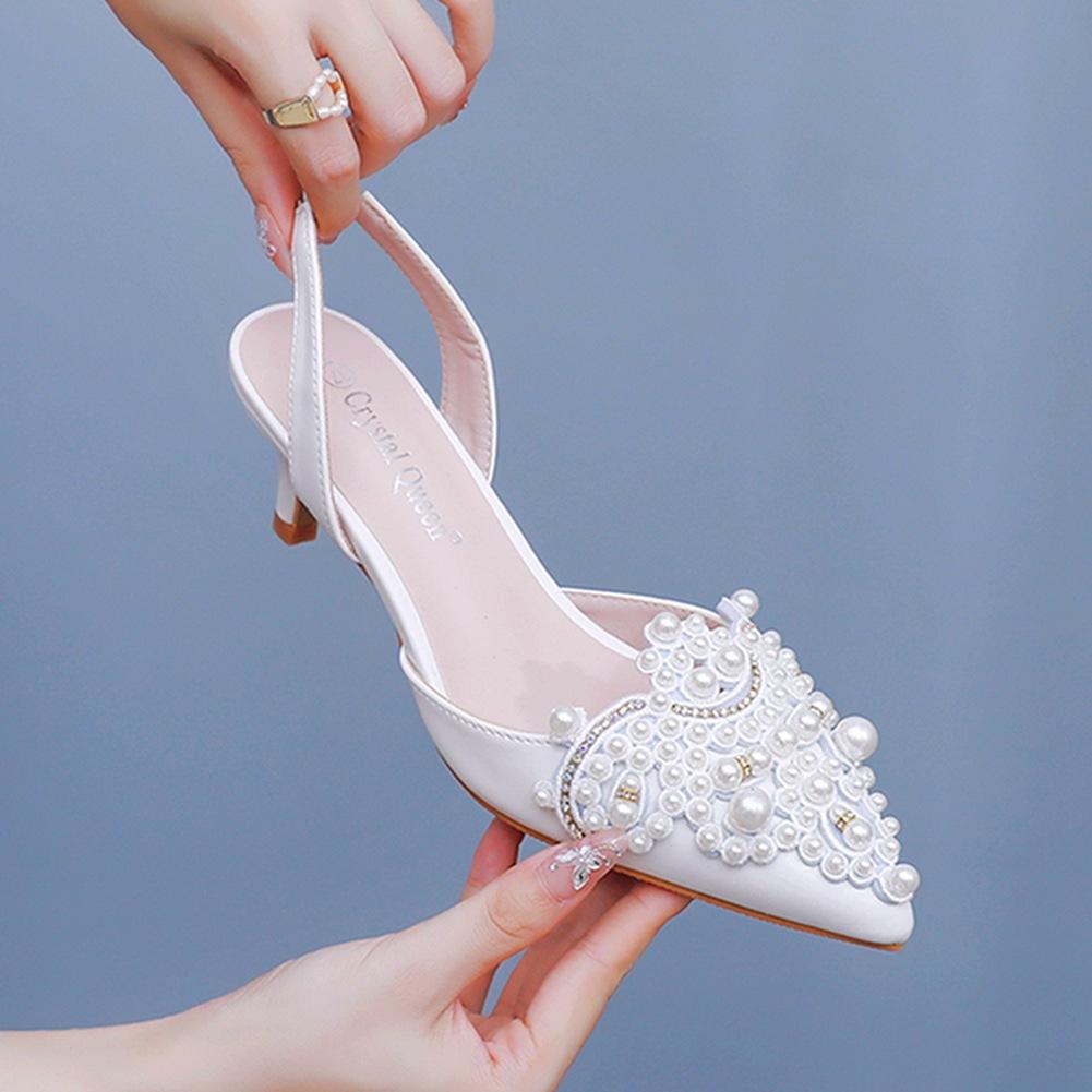 5cm New White Wedding Shoes Bridesmaid Shoes Women's Lace Shoes Fashion High Heels Pearl Pumps