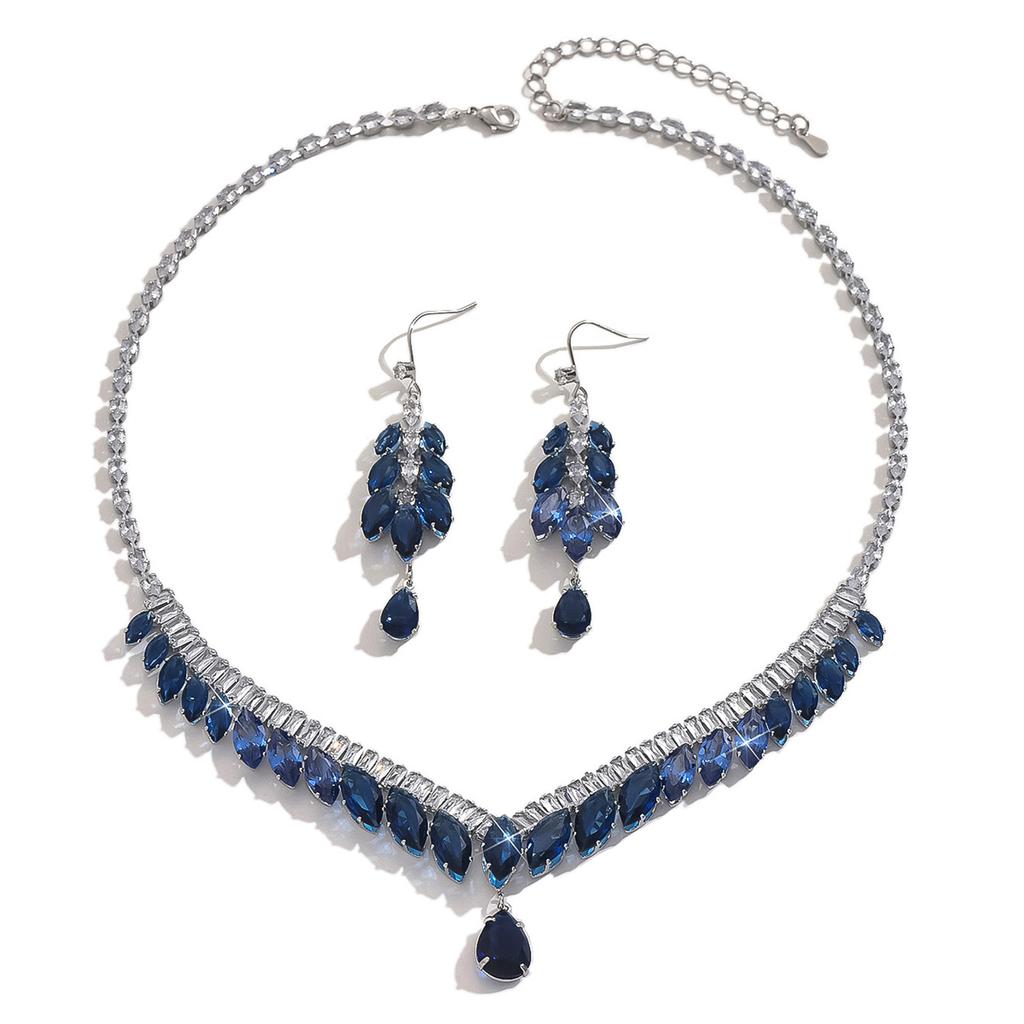 3PC Women's Fashion Zircon Water Drop Necklace Earrings Zircon Set Design Sense Wedding Party Festival Gift-8553