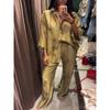 New Linen Tie-dye Print Long Pants Sets For Women Lapel Half Sleeve Single Breasted Shirts Drawstring Wide Leg Pant 2 Pieces Set