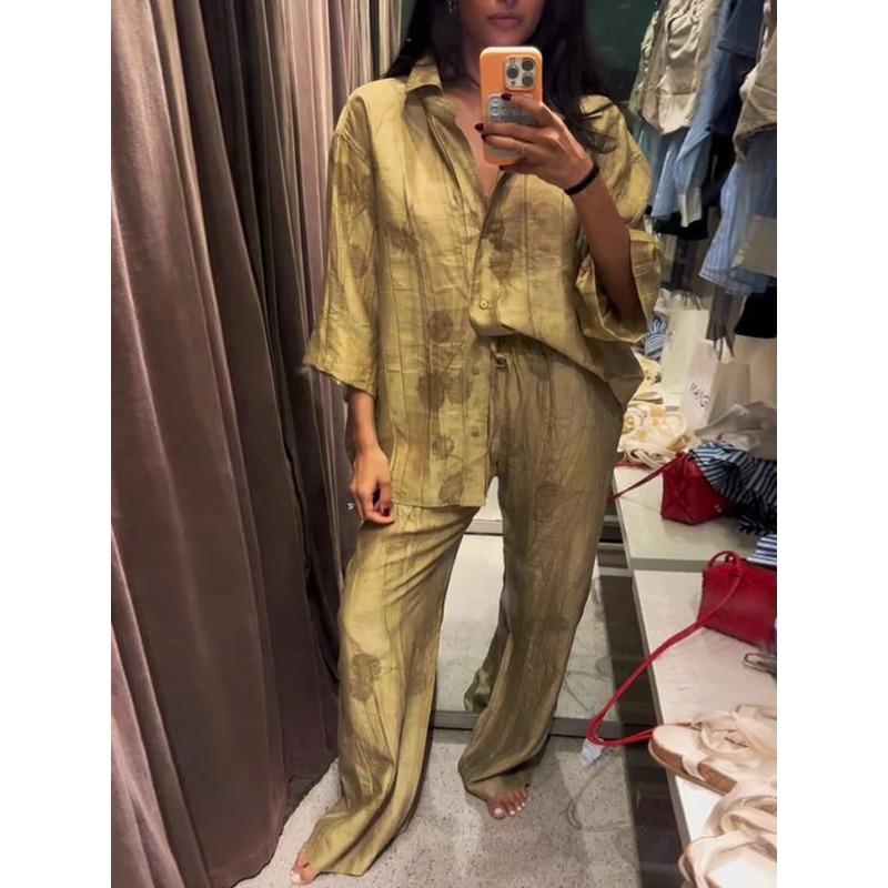 New Linen Tie-dye Print Long Pants Sets For Women Lapel Half Sleeve Single Breasted Shirts Drawstring Wide Leg Pant 2 Pieces Set