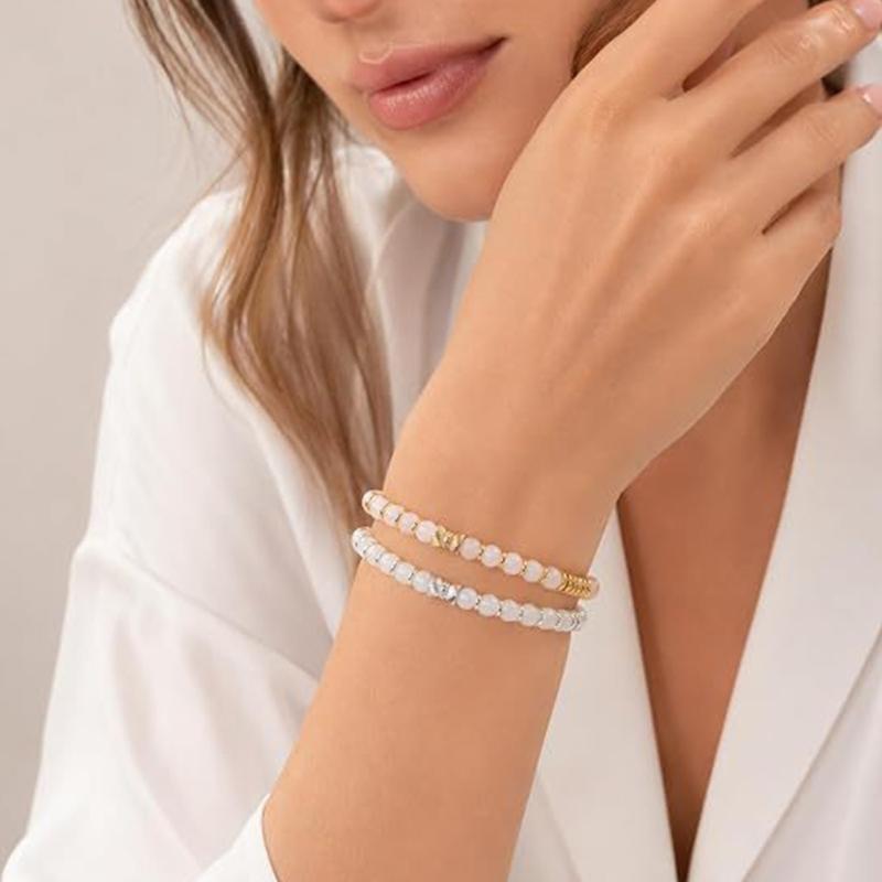 Natural Stone Stretch Bracelet Set, 2 Round Bead Bracelets with Mixed-Tone Spacers for Stacked or Separate Wear