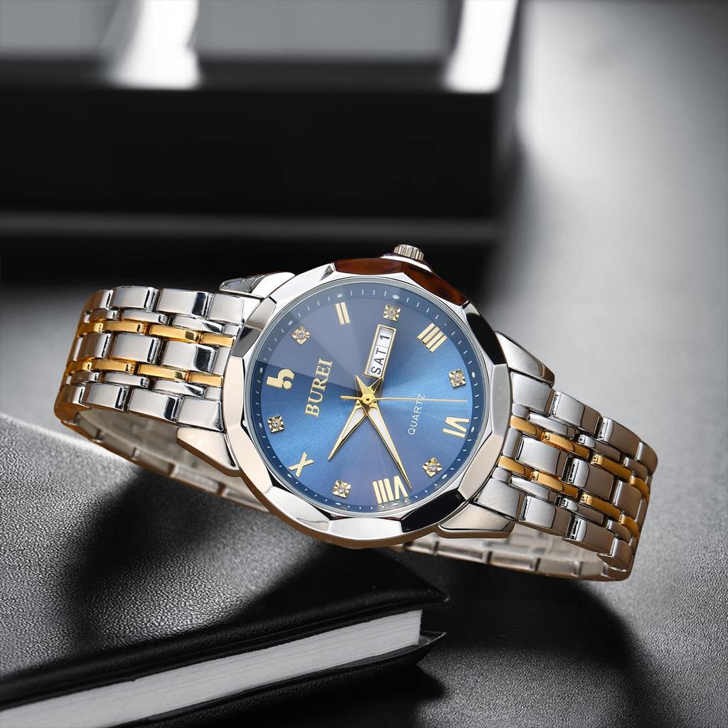 BUREI Analog Quartz Watch with Large Dial and Diamond Stylish and Luxury Waterproof Watch for Date Simple and Casual Design with Stainless Steel Band