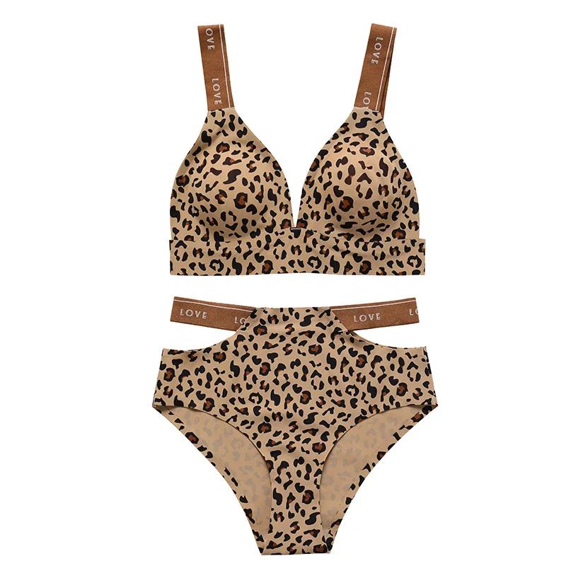 Nahtloses sexy Leoparden-BH-Set für Damen Push-Up-BHs Ausgeschnittene hoch elastische Slips für Damen Atmungsaktive weiche Unterwäsche S-XL