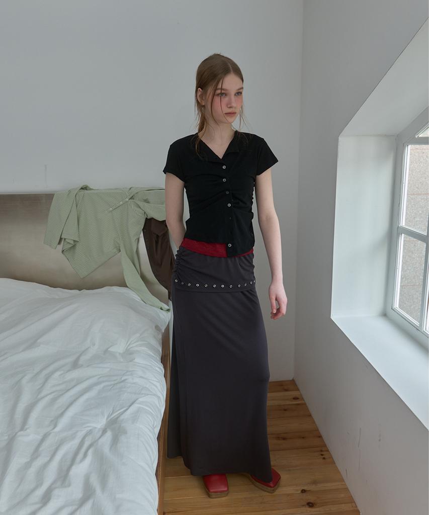 Pisis Side Shirred Long Skirt_Charcoal