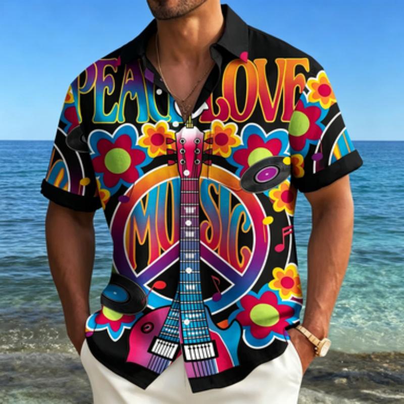 Men's Short Sleeved Shirt with Lapel Collar, Retro Guitar and Peace Logo Printed Shirt, Hippie Style Music Floral Printed Top