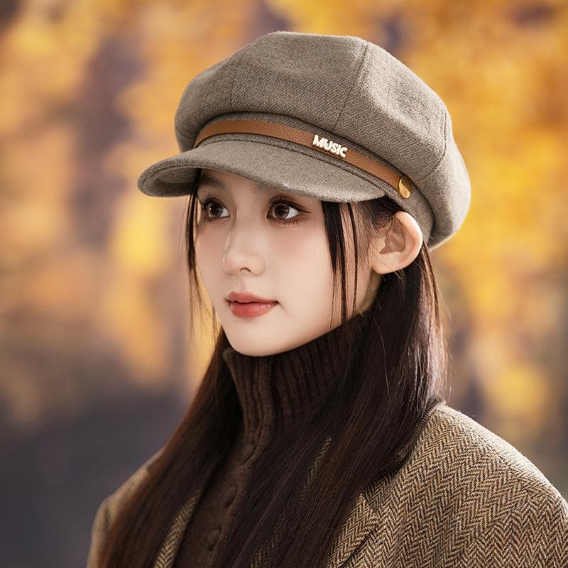 Flattening Cap Women, Beret Newsboy Hat for Small Face, British Style Autumn Winter Octagonal Hat