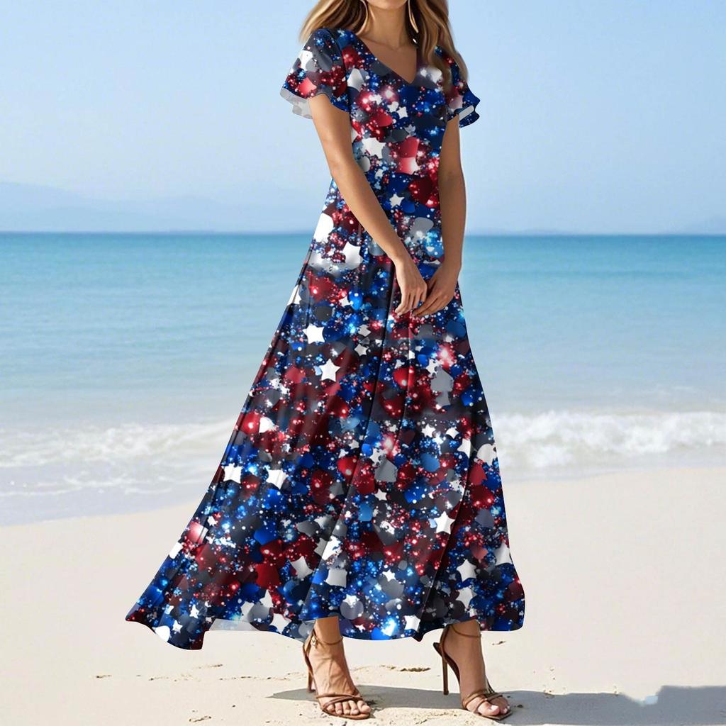 Damen Sommer Casual Fashion Print Farbe Kleider V-Ausschnitt Kurzarm Kleider