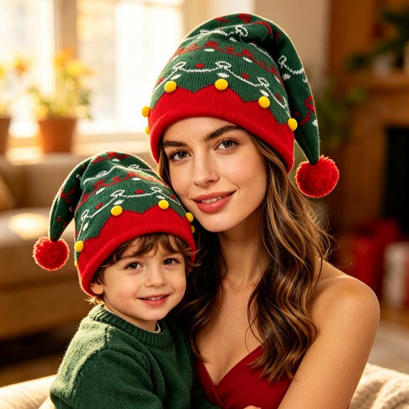 Red Christmas Knit Parent-Child Pom-Pom Hat