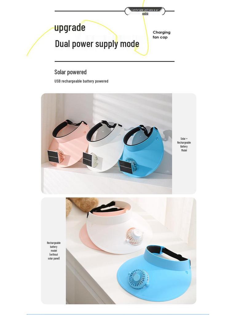 Rechargeable Solar Fan Sun Hat - UV Protection, Large Brim