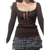 Y2k Women's Long Sleeve Knitted Tops Lace Stitching Neckline Knitwear Bowknot Decoration Slim-Fit T-shirt Pullovers Clubwear