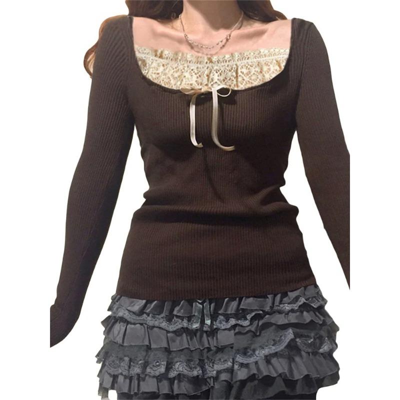 Y2k Women's Long Sleeve Knitted Tops Lace Stitching Neckline Knitwear Bowknot Decoration Slim-Fit T-shirt Pullovers Clubwear