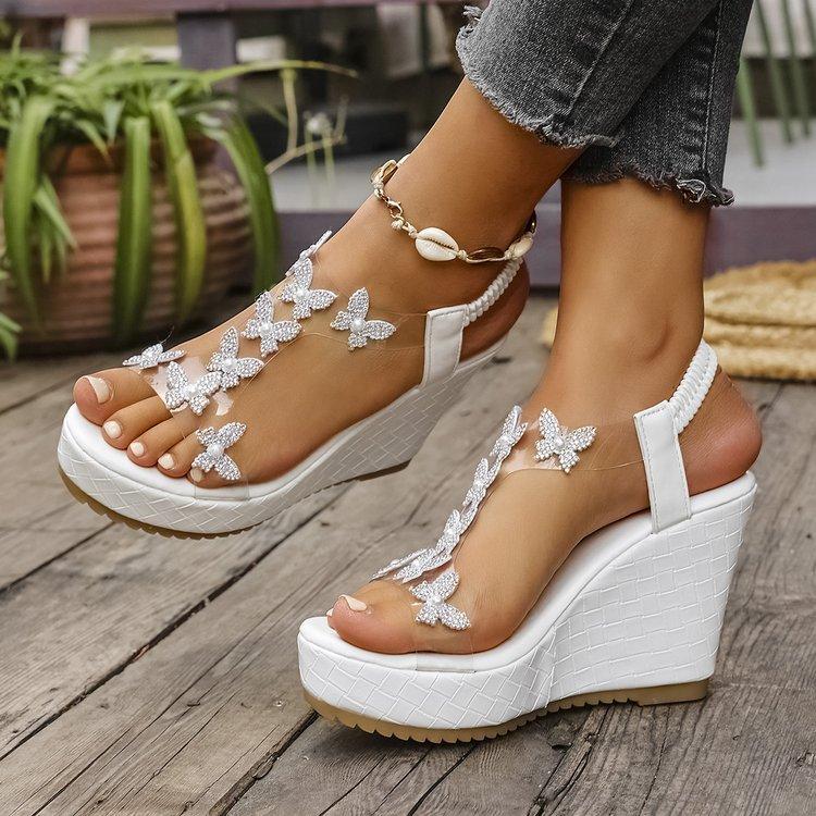 

Large size butterfly transparent belt thick-soled wedge heel one-word belt heightening sandals summer fish mouth beach women s shoes 43 белый