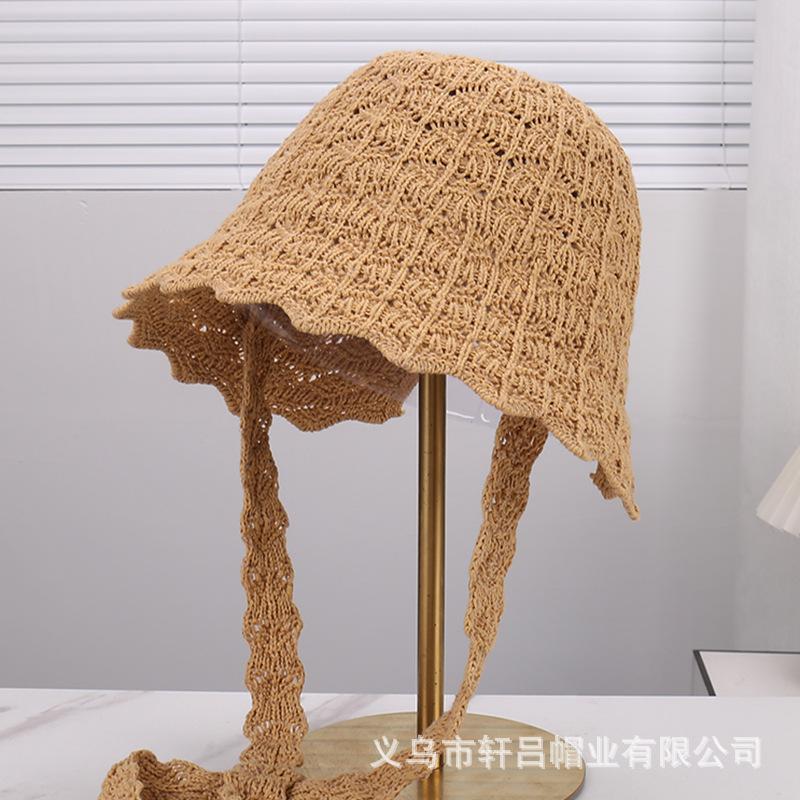 Spring and summer new hollow knitted strap breathable bucket hat women's seaside vacation wavy lace elegant sunscreen hat