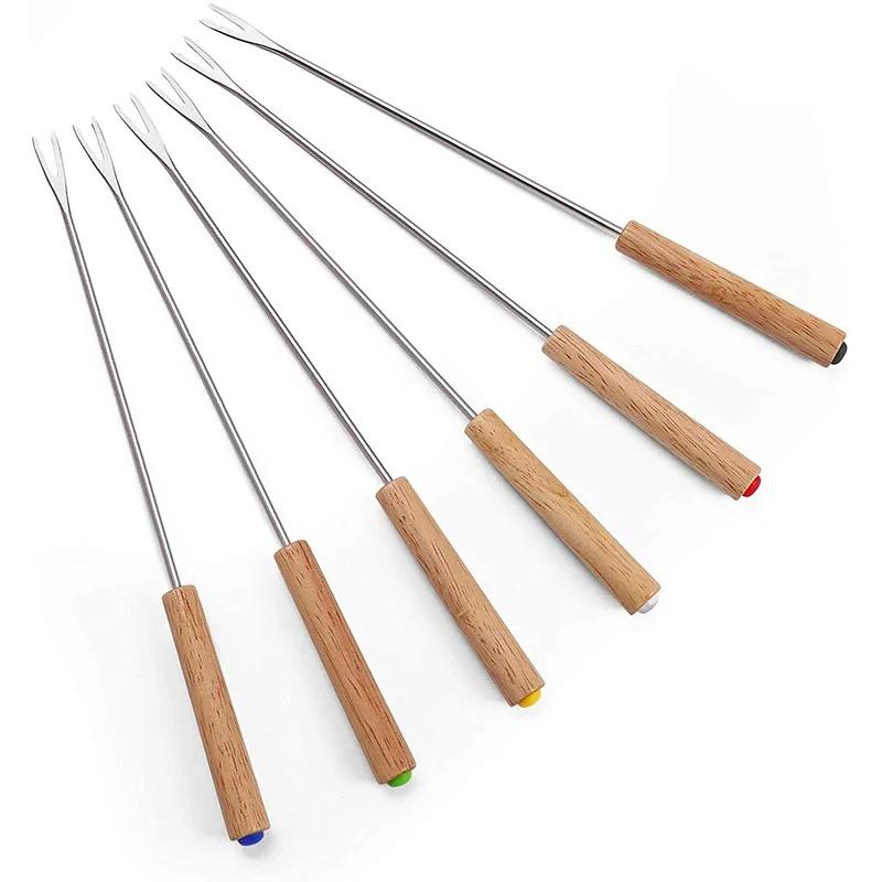 6Pcs Wood Handle Chocolate Fork Stainless Steel Cheese Fondue Forks Fork Heat Resistant Hot Pot Fruit Dessert Fork Kitchen Tools