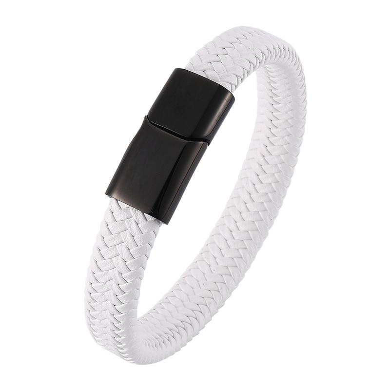 Fashion Men Bracelet Bangles White Braided Leather Trendy Steel Clasp Male Female Jewelry Gift