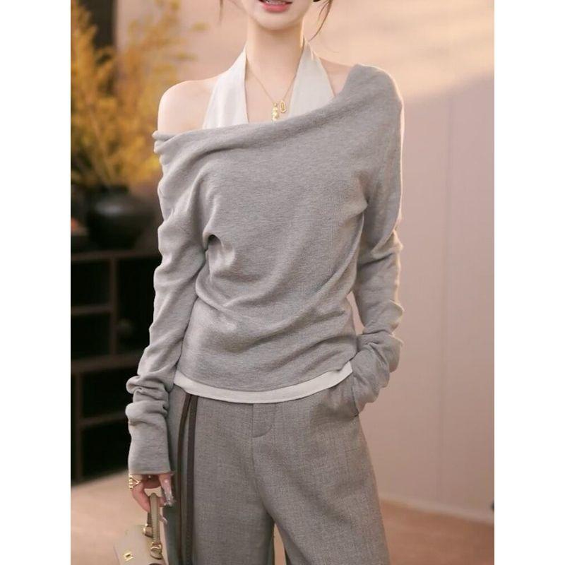 2026 Autumn New French Style Plus Size High-End Faux Two-Piece Fashionable Slimming Design Top Gray S