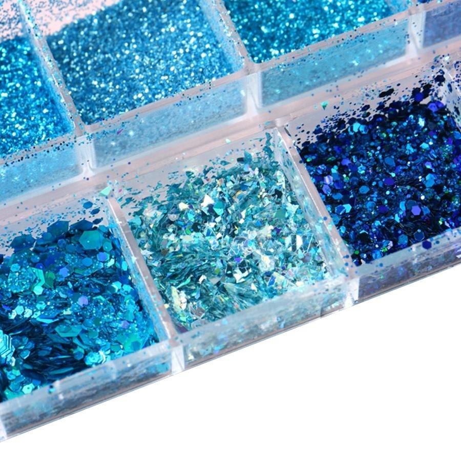 12-Compartment Mixed Nail Glitter Powder, Holographic Hexagon Flakes, Sparkly Sequins for Nail Art Designs