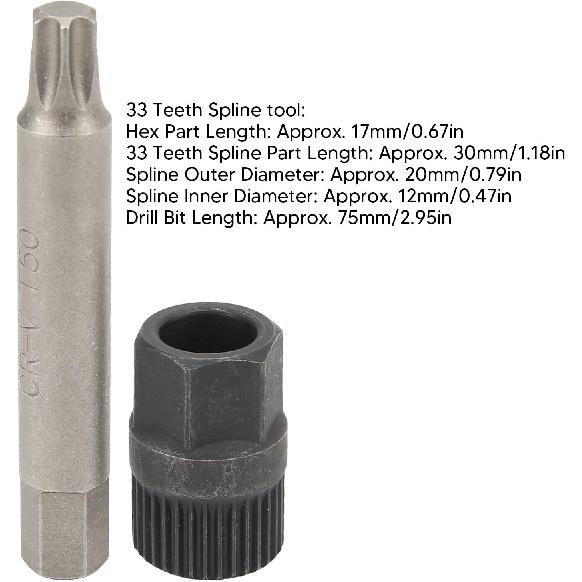Alternator Decoupler Pulley Tool, Alternator Pulley Wrench 33 Teeth Spline Socket T50 Drill Bit Puller Remover Tool