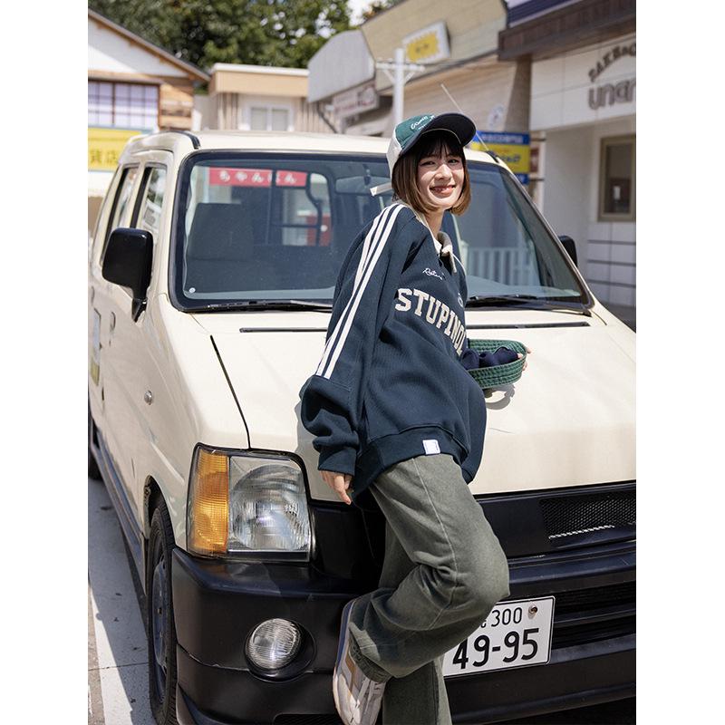 

Женское ретро вышитое поло в стиле преппи: Модная толстовка с длинным рукавом в стиле колор-блок для пар L (recommended 100-125 lbs) темно-синий