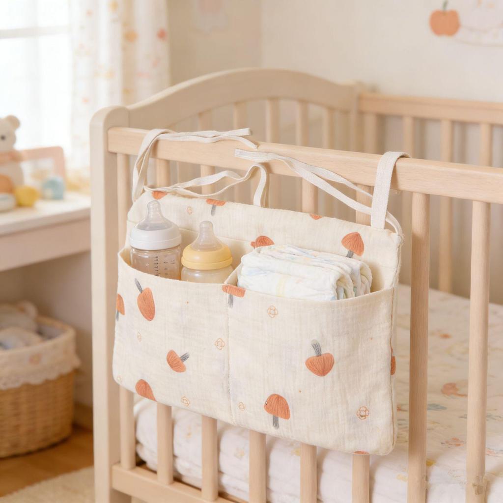 Pure Cotton Baby Bed Bumper & Hanging Bag with Double Pockets for Bottles and Diapers